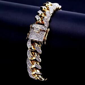 18K Plated Bracelet 10mm. x 8in. CZ Diamond Men's Vintage Retro Fashion Gift